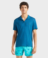 Men Tencel Polo Shirt Solid Peacock front worn view
