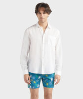 Men Linen and Cotton Shirt Jacquard Turtle Monogram White front worn view