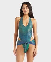 Women Low cut to tie One-piece Swimsuit Rainbow Disco green front worn view