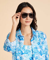 Wood Aviator Sunglasses Solid - VBQ x Shelter Black women front worn view