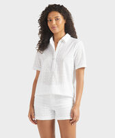 Women Cotton Polo Broderie Anglaise White front worn view
