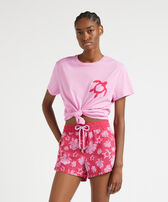 Women Swim Shorts Flocked Turtles heart Gooseberry red front worn view